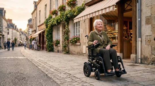Personne âgée en fauteuil roulant électrique circulant sereinement sur un trottoir français, symbolisant la maîtrise de la vitesse et l'autonomie