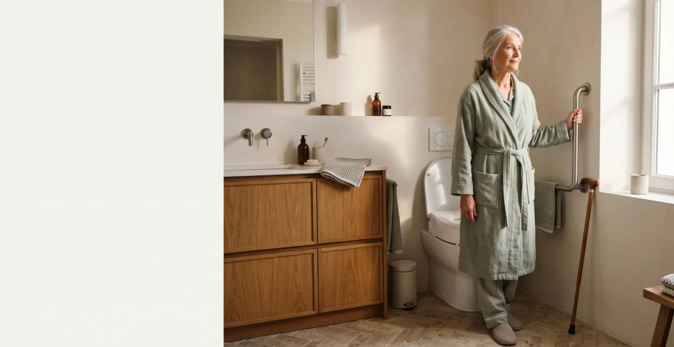 Senior en convalescence de prothese de hanche dans une salle de bain francaise lumineuse et epuree, avec des toilettes surelevees et une barre d'appui