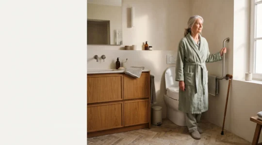 Senior en convalescence de prothese de hanche dans une salle de bain francaise lumineuse et epuree, avec des toilettes surelevees et une barre d'appui