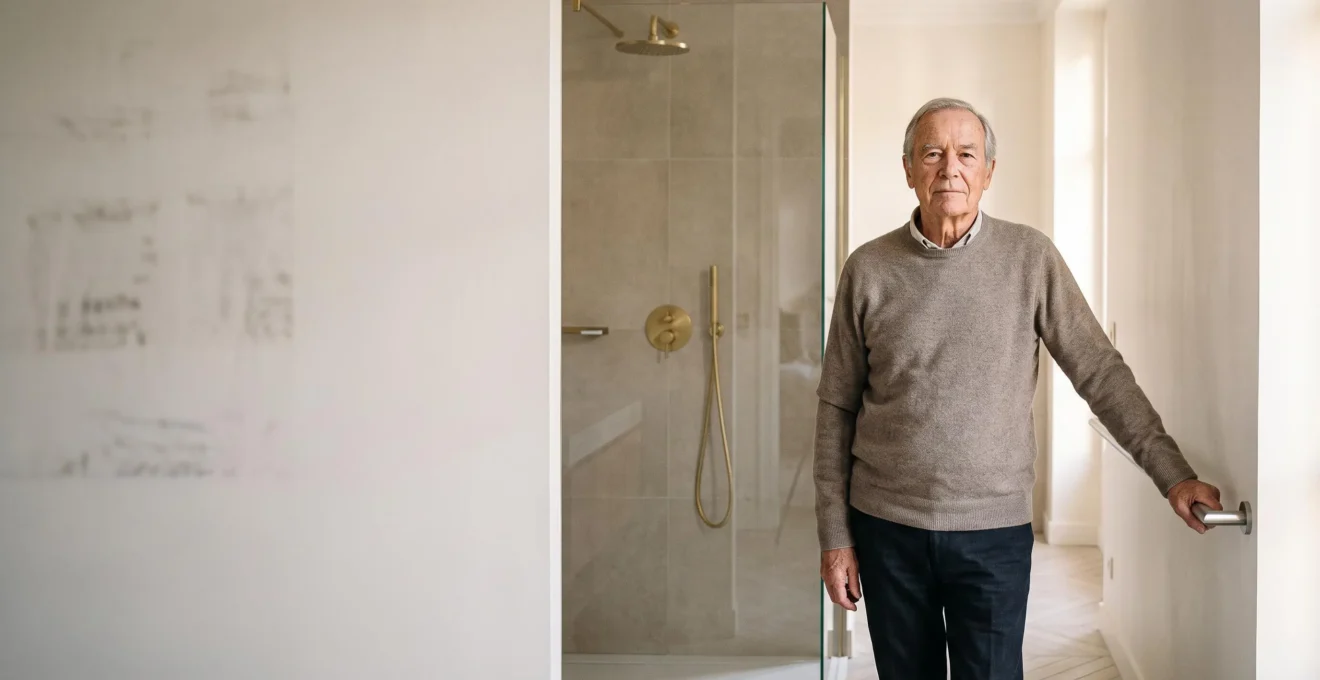 Senior en pleine rééducation retrouvant son autonomie dans une salle de bain lumineuse et sécurisée, symbole d'espoir après un AVC