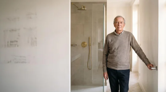 Senior en pleine rééducation retrouvant son autonomie dans une salle de bain lumineuse et sécurisée, symbole d'espoir après un AVC