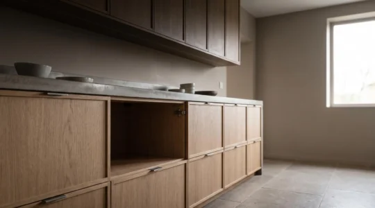 Cuisine française lumineuse et épurée avec un plan de travail à hauteur adaptée et des rangements accessibles, symbolisant l'autonomie retrouvée en fauteuil roulant.
