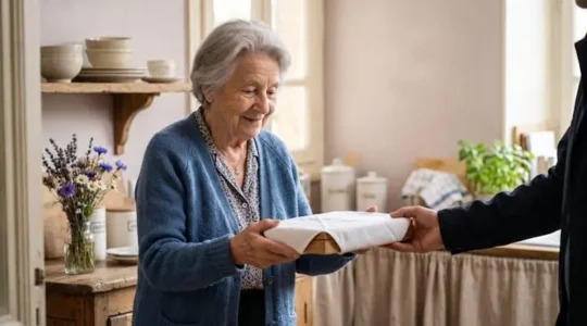 Une personne agee en France recoit avec le sourire un plateau-repas equilibre livre a son domicile