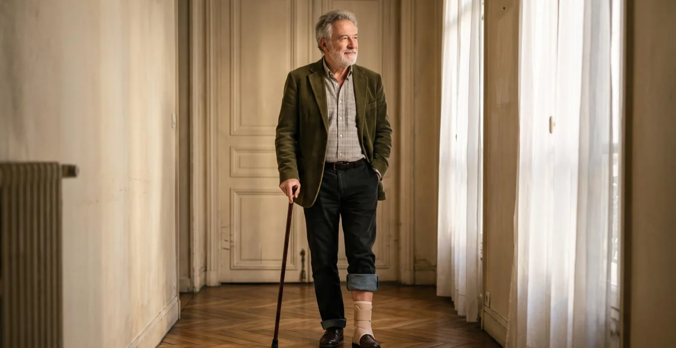 Senior français retrouvant confiance dans sa marche grâce à un appareillage adapté, dans un intérieur lumineux et épuré