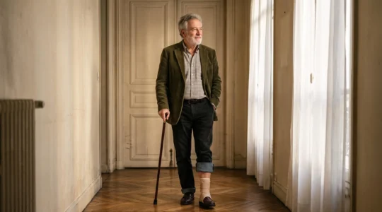Senior français retrouvant confiance dans sa marche grâce à un appareillage adapté, dans un intérieur lumineux et épuré