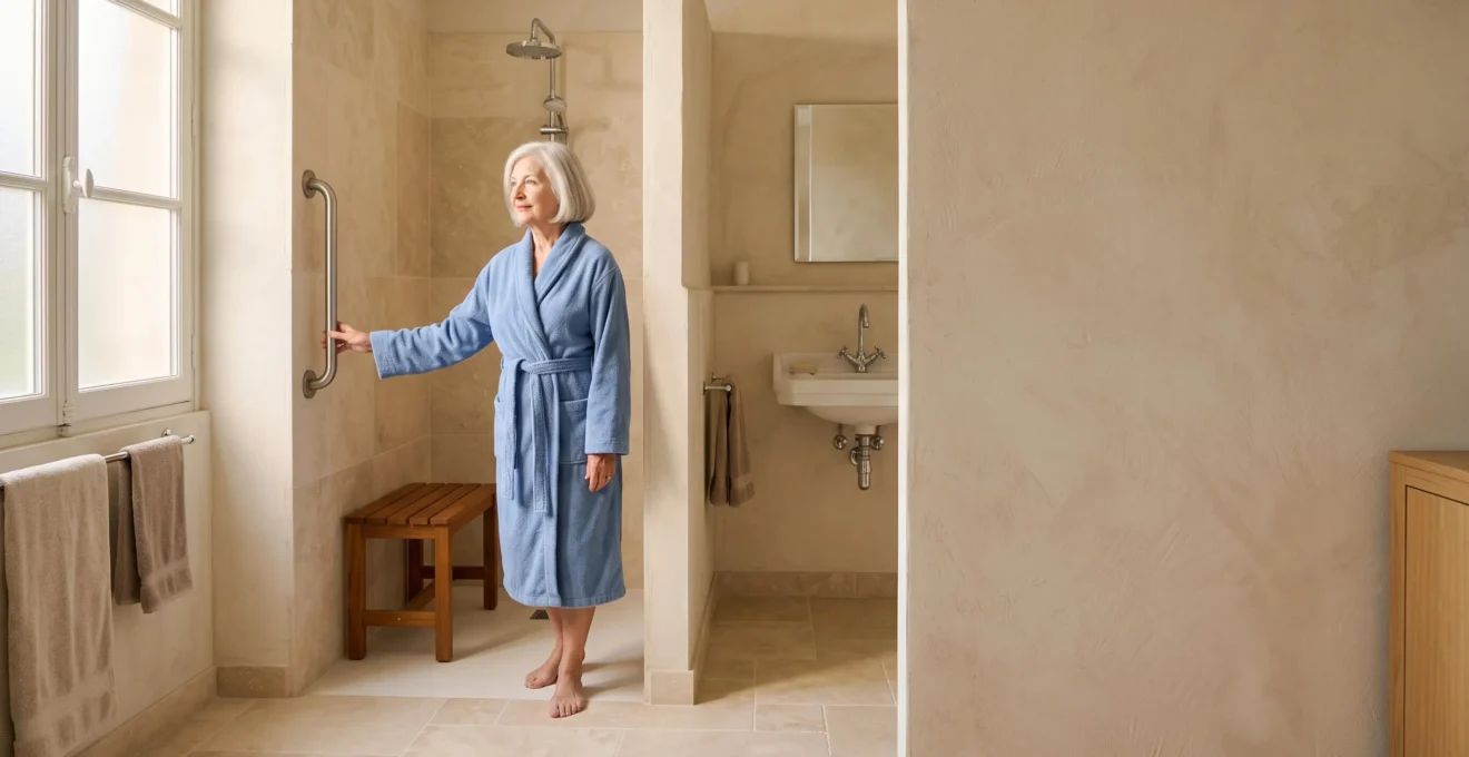 Salle de bain lumineuse et sécurisée adaptée pour un senior, illustrant le maintien à domicile en France