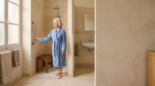 Salle de bain lumineuse et sécurisée adaptée pour un senior, illustrant le maintien à domicile en France