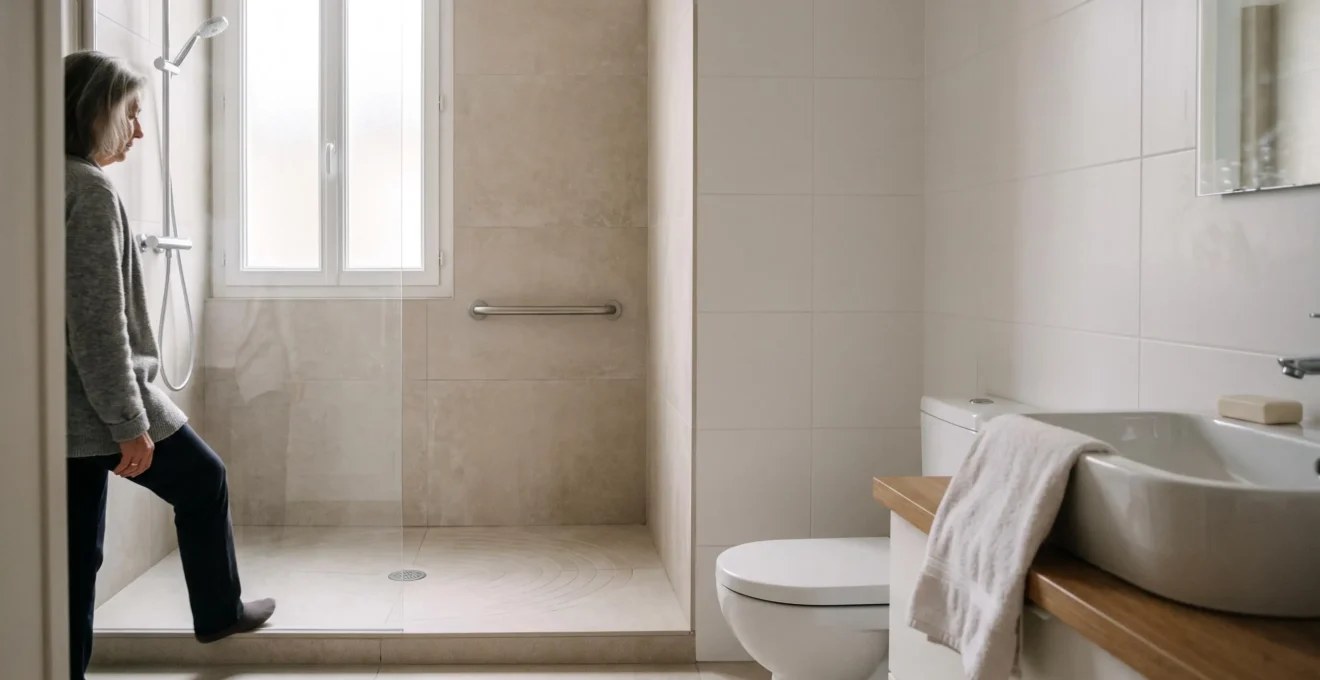 Salle de bain moderne et sécurisée adaptée à une personne âgée en perte d'autonomie, avec douche de plain-pied et barre d'appui