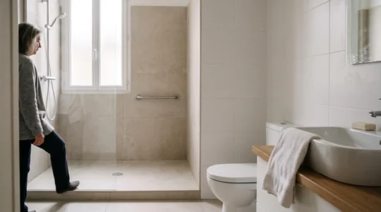 Salle de bain moderne et sécurisée adaptée à une personne âgée en perte d'autonomie, avec douche de plain-pied et barre d'appui