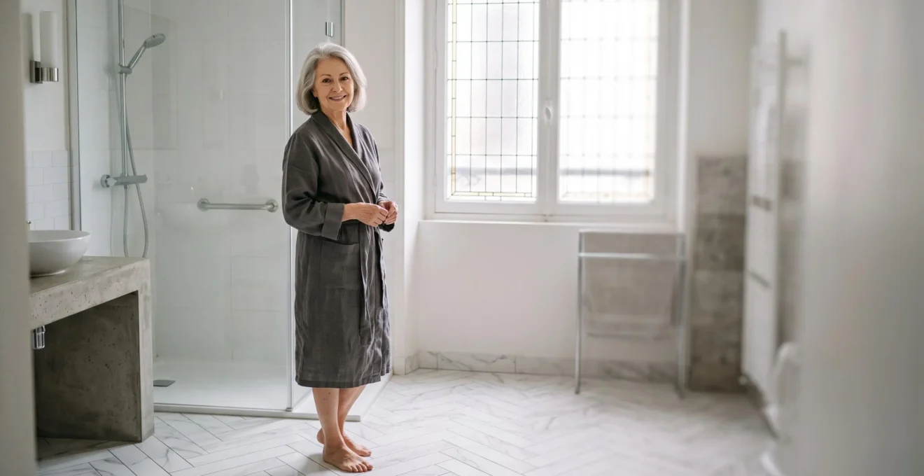 Salle de bain rénovée et accessible pour senior, avec douche de plain-pied et barre d'appui, dans un appartement français lumineux