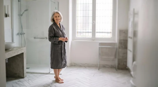 Salle de bain rénovée et accessible pour senior, avec douche de plain-pied et barre d'appui, dans un appartement français lumineux