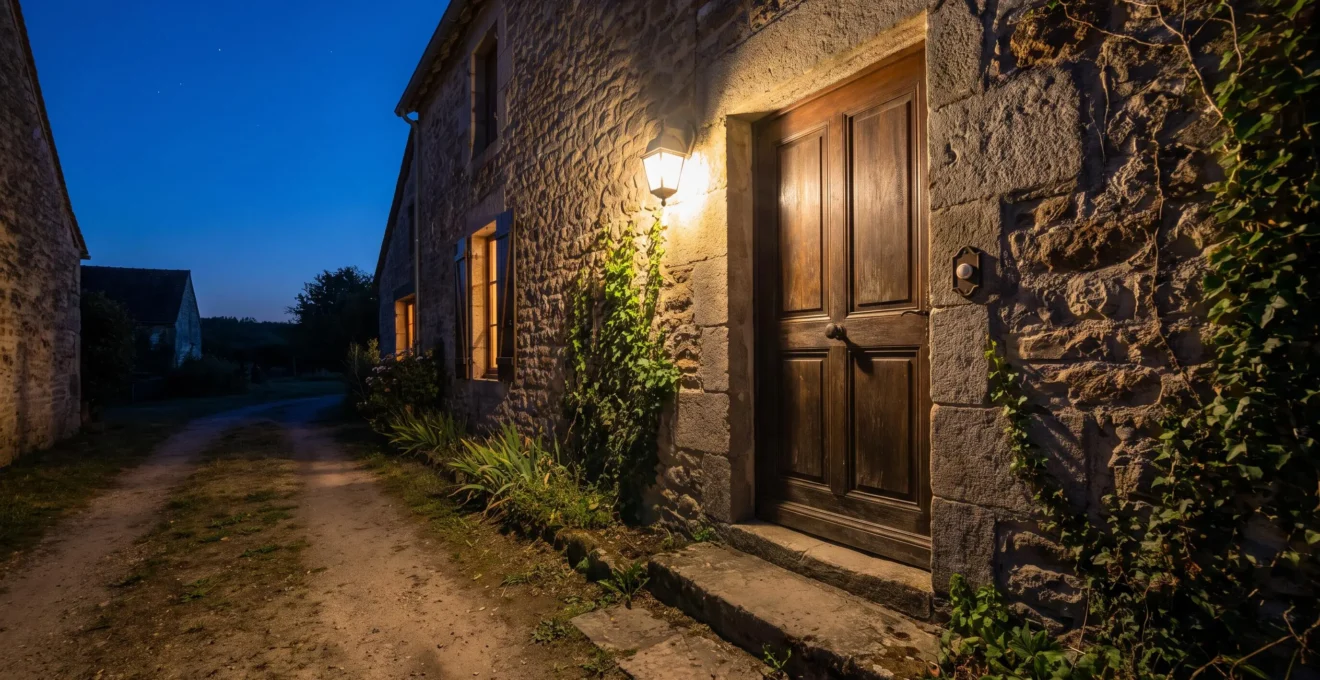 Porte d'entree d'une maison individuelle francaise avec eclairage exterieur allume au crepuscule, illustrant la securisation du domicile d'un senior isole