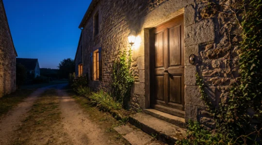 Porte d'entree d'une maison individuelle francaise avec eclairage exterieur allume au crepuscule, illustrant la securisation du domicile d'un senior isole