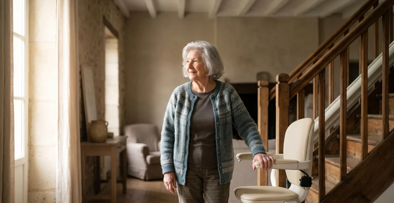Senior français utilisant sereinement un monte-escalier entretenu dans une maison lumineuse, symbole de sécurité et d'autonomie à domicile