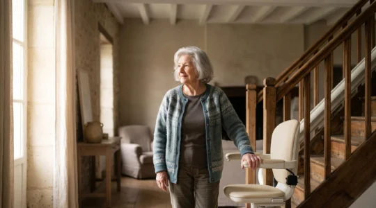 Senior français utilisant sereinement un monte-escalier entretenu dans une maison lumineuse, symbole de sécurité et d'autonomie à domicile