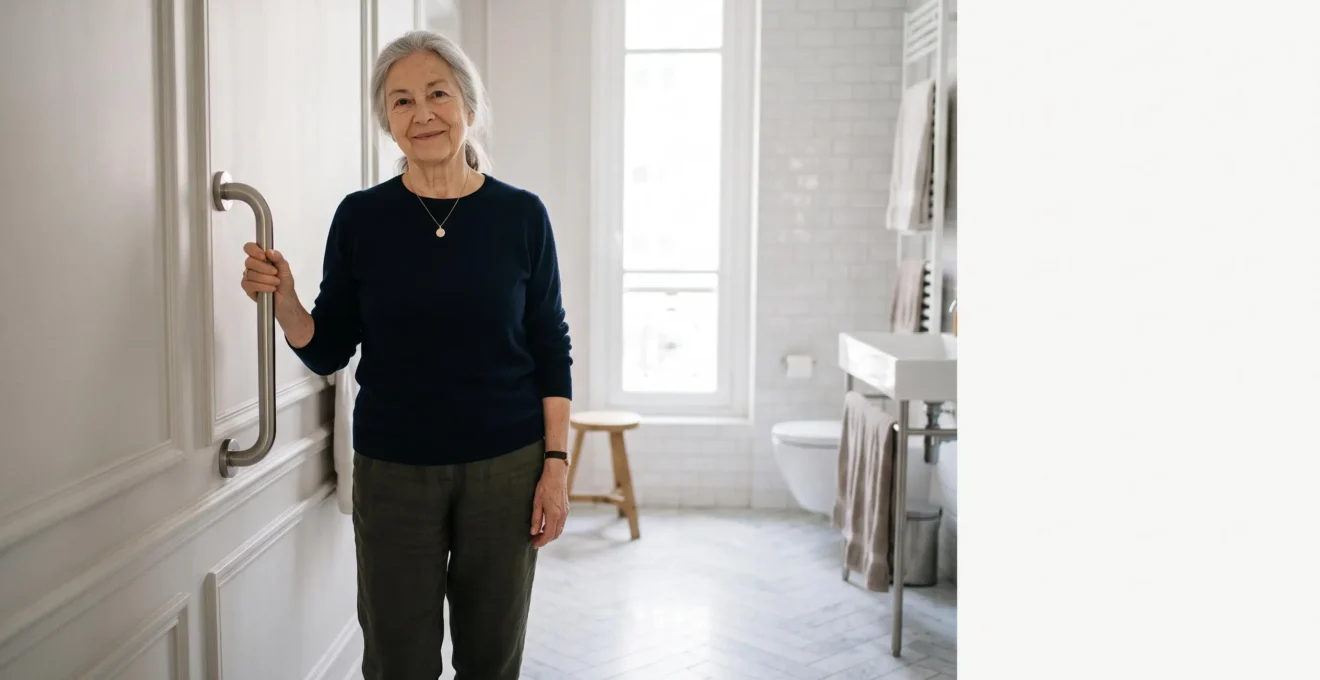 Personne âgée souriante se tenant à une barre d'appui dans une salle de bain lumineuse et épurée, symbole d'autonomie retrouvée