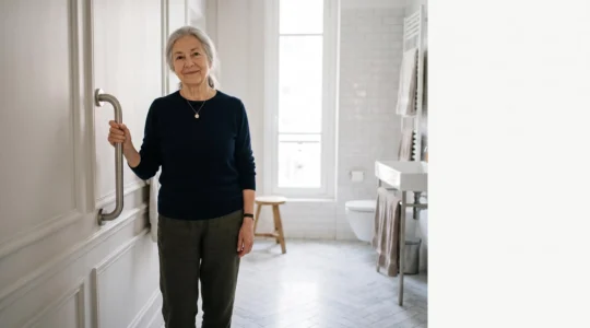Personne âgée souriante se tenant à une barre d'appui dans une salle de bain lumineuse et épurée, symbole d'autonomie retrouvée