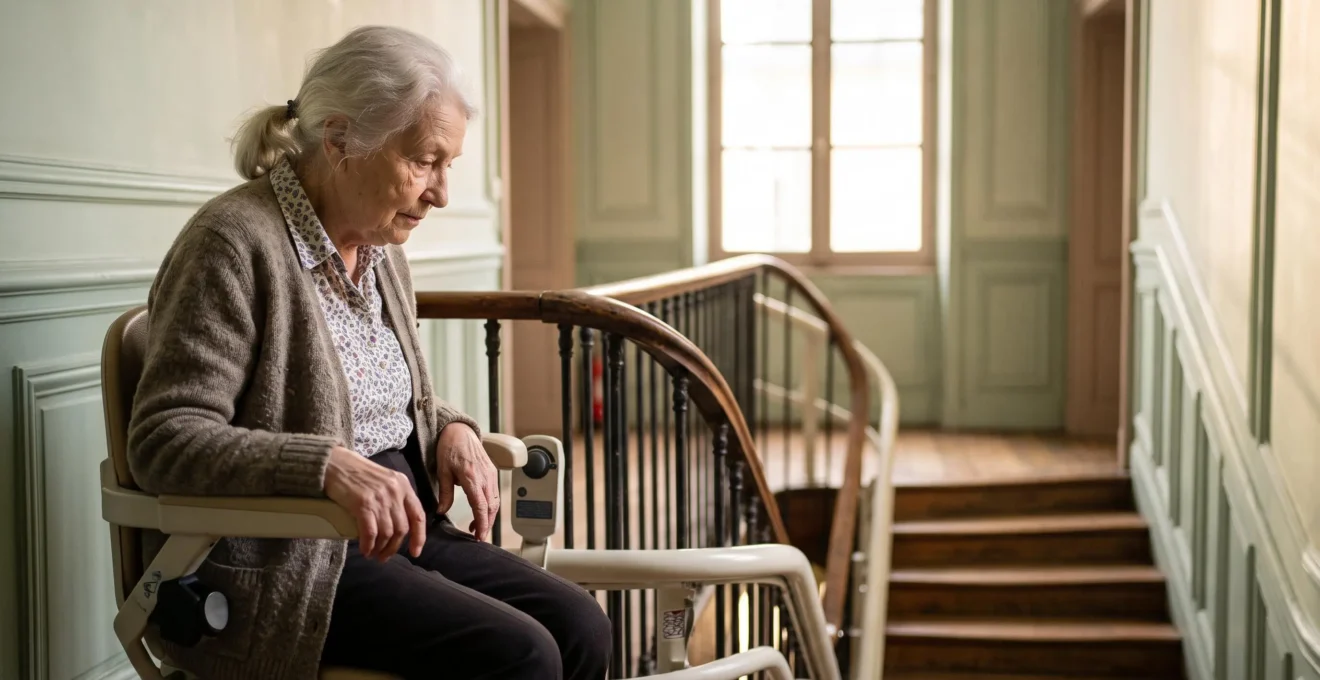 Personne âgée assise sur un monte-escalier arrêté dans un escalier de maison française, illustrant une panne à diagnostiquer soi-même