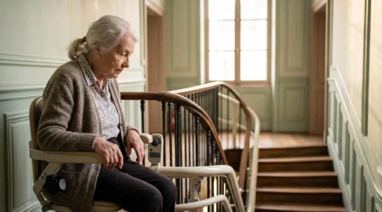 Personne âgée assise sur un monte-escalier arrêté dans un escalier de maison française, illustrant une panne à diagnostiquer soi-même