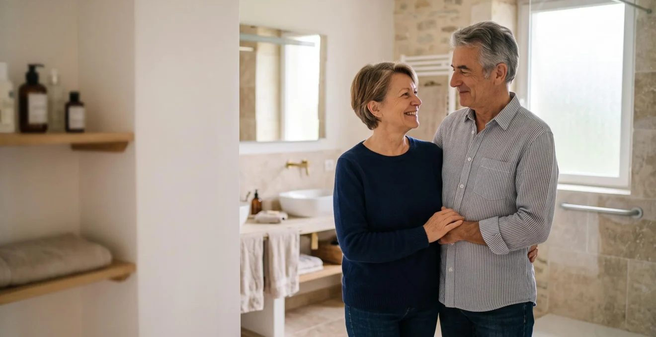 Couple de seniors français dans une salle de bain rénovée et sécurisée, baignée de lumière naturelle