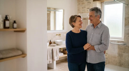 Couple de seniors français dans une salle de bain rénovée et sécurisée, baignée de lumière naturelle