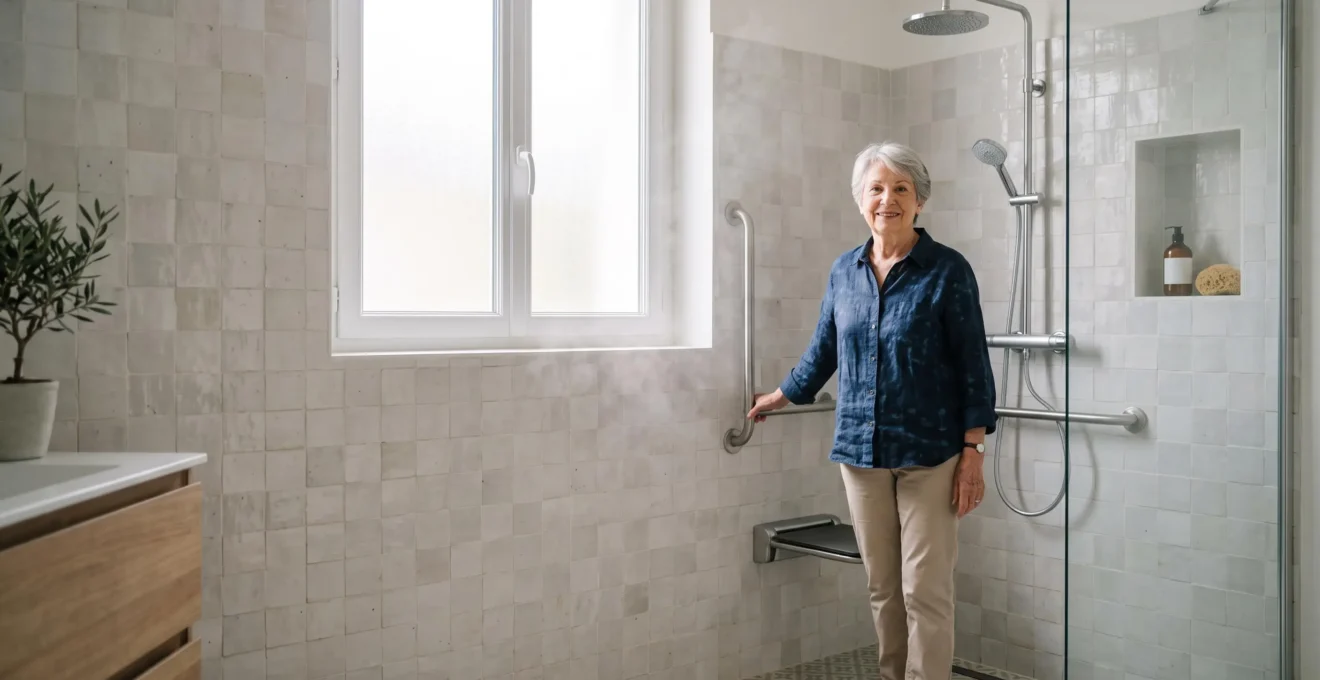 Personne âgée souriante dans une douche PMR lumineuse et épurée, symbole d'un entretien réussi et d'une salle de bain sécurisée