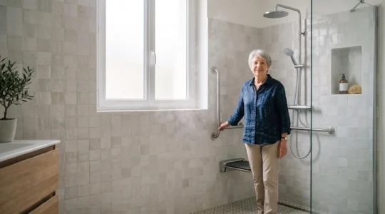 Personne âgée souriante dans une douche PMR lumineuse et épurée, symbole d'un entretien réussi et d'une salle de bain sécurisée