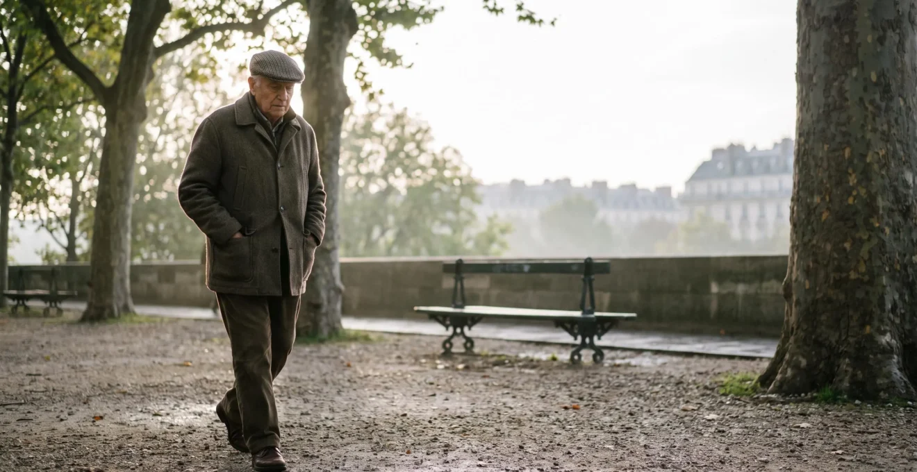 Personne âgée française marchant paisiblement dans un parc urbain au petit matin, illustrant l'activité physique douce adaptée à la BPCO et à l'arthrose