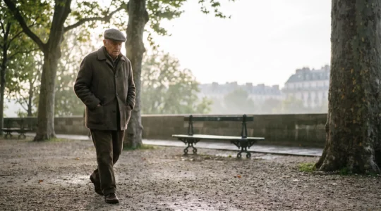 Personne âgée française marchant paisiblement dans un parc urbain au petit matin, illustrant l'activité physique douce adaptée à la BPCO et à l'arthrose