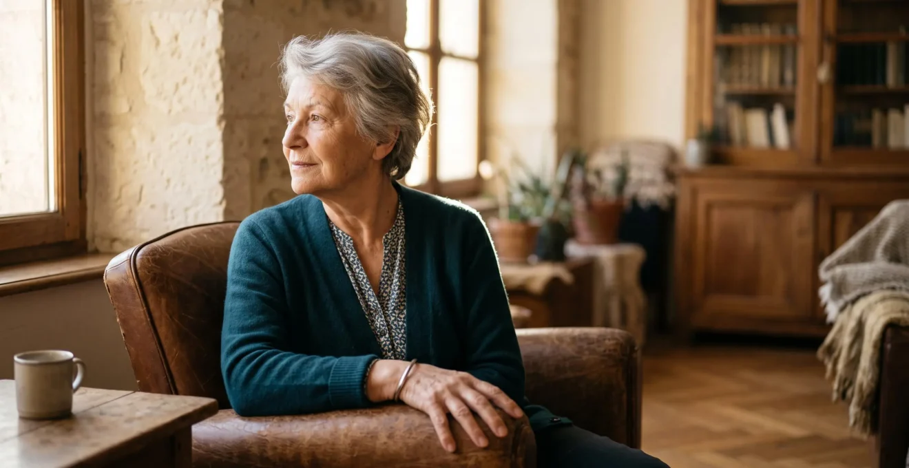Personne âgée de 80 ans vivant seule dans son salon en France, portant un bracelet de téléassistance discret au poignet