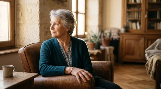 Personne âgée de 80 ans vivant seule dans son salon en France, portant un bracelet de téléassistance discret au poignet