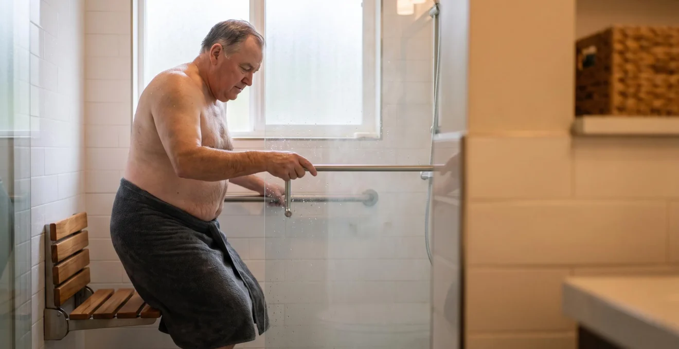 Senior costaud s'installant en toute securite sur un siege de douche mural rabattable avec barre d'appui