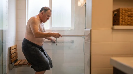 Senior costaud s'installant en toute securite sur un siege de douche mural rabattable avec barre d'appui