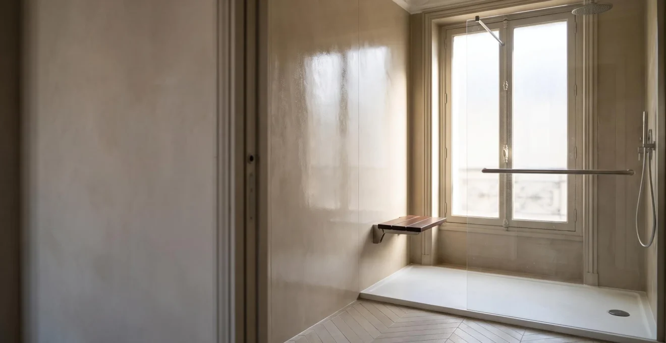 Salle de bain française rénovée avec une douche de plain-pied sécurisée pour senior, lumineuse et épurée