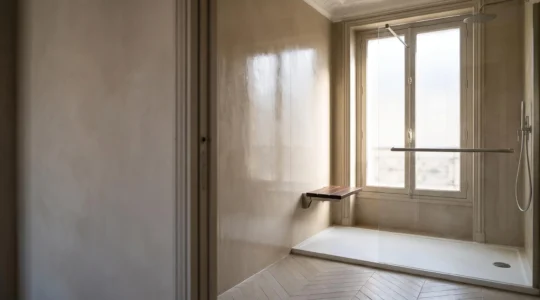 Salle de bain française rénovée avec une douche de plain-pied sécurisée pour senior, lumineuse et épurée