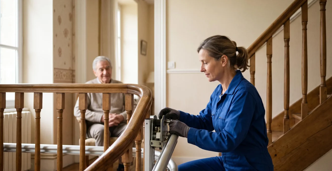 Technicien vérifiant la conformité d'un monte-escalier dans une maison française, en présence discrète d'un senior