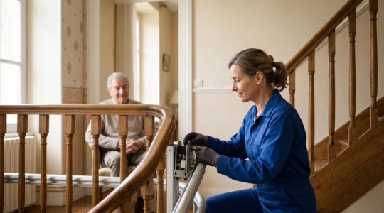 Technicien vérifiant la conformité d'un monte-escalier dans une maison française, en présence discrète d'un senior