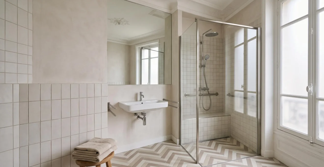 Salle de bain accessible PMR baignée de lumière naturelle, symbolisant la vérification de conformité à la norme NF P99-611 pour seniors