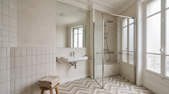 Salle de bain accessible PMR baignée de lumière naturelle, symbolisant la vérification de conformité à la norme NF P99-611 pour seniors