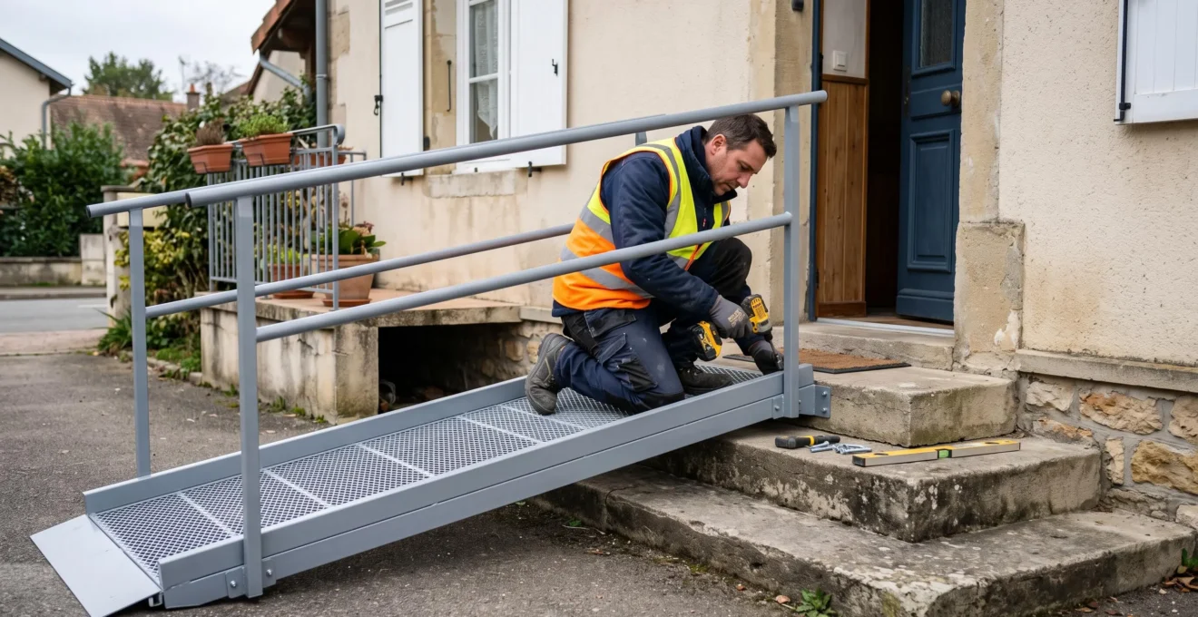 Ouvrier installant une rampe d'accès métallique sur les marches de l'entrée d'une maison individuelle