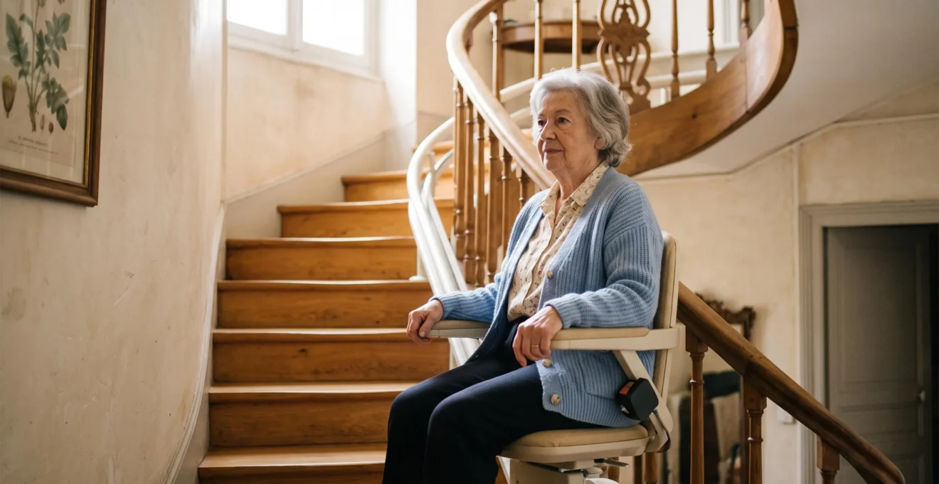 Femme senior assise sur un monte-escalier en cours d'utilisation dans un escalier intérieur résidentiel